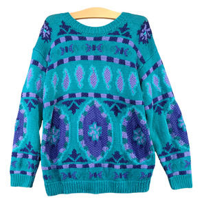 Robert Scott Ltd Women's Pullover Knit Sweater Blue Small Paisley Geo